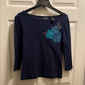 New York & Company Dark Blue Floral Embroidered Blouse